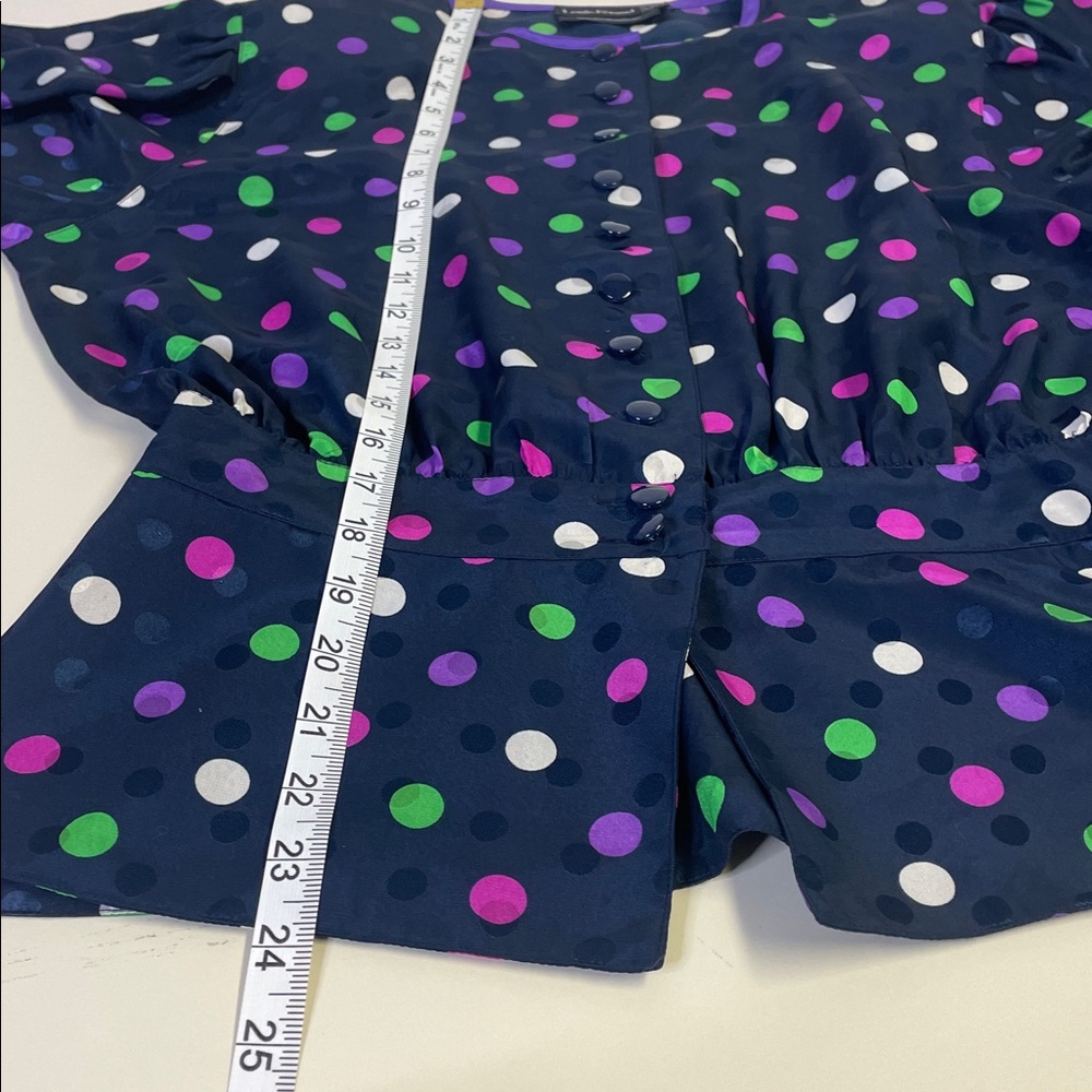 Louis Feraud Navy Pink Green Polka Dot Blouse - Sz M - Picture 7 of 9
